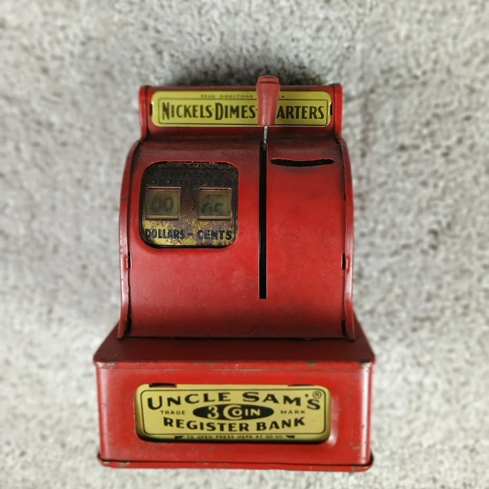 Vintage 1960s Uncle Sam's 3 Coin Register Bank Red Metal Cash Register Works